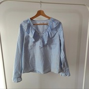 Koszula z falbankami żabotem 38 M błękitna w paski elegancka