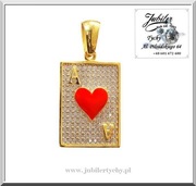 Złoty duży wisior karta AS KIER poker czerwone serce złoto 585