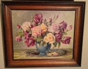 Obraz „Bukiet róż w niebieskim wazonie" - realistyczna martwa natura