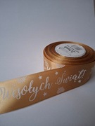 Wstążka tasiemka świąteczna złota z napisem szer.38 mm; dł.22 m