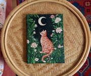 Obraz akryl na płótnie malarstwo kot księżyc rękodzieło kwiaty na ścianę