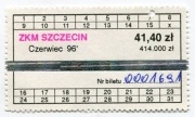 Bilet miesięczny ZKM Szczecin - 06.1996, 41.40zł / 414.000zł