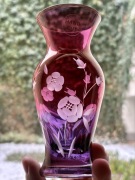 Wazon Szklany ręcznie szlifowany Vintage Bohemia Fioletowo-Różowy Kwiaty