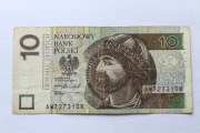 Banknot 10 zł z 2016 roku Seria AW7273108