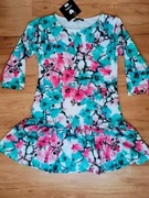 Sukienka damska z krótkim rękawem i falbanką  Nowa Kolorowa w kwiaty. M-xl