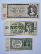 Protektorat Czech i Moraw , zestaw banknotów 50, 20 i 5 Koron