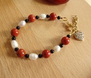 Bransoletka Jaspis czerwony perła naturalna agat czarny serce cyrkonie