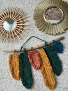 Makrama boho pióra liście na naturalnym kiju wisząca dekoracja