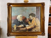 Obraz olejny, scena rodzajowa przy stole, malarstwo XX wieku 054