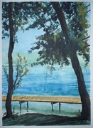 Akwarela Pomost nad jeziorem powidzkim.