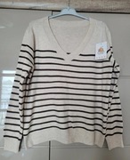 beżowy sweter w paski v-neck nowy z metką