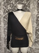 Czarno beżowy sweter nietoperz elegancki prążki Moewy Glamour Święta casual