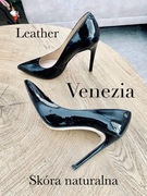 Klasyczne szpilki Venezia skórzane lakierowane czarne roz. 38