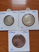 5 Marek z 1935 r, 2 Marki z1939 r Hindenburg i 5 Marek z 1935 r  "Kościół"