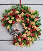 Wiosenny wianek na drzwi z krokusami i drewnianym zającem Wielkanoc 47 cm