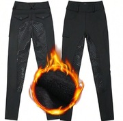 Ocieplane bryczesy damskie pełny lej sylikonowy, czarne, zimowe jeździeckie