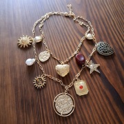 Naszyjnik charms boho złoty – serce, medalion, gwiazda, coin – styl vintage