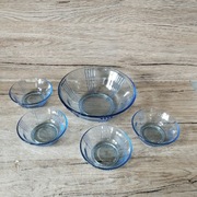 Komplet duża salaterka plus 4 małe niebieskie szkło vintage 