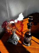 Secesja patera szkło cyna + rubinowa karafka PRL kryształ