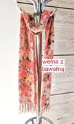 Szal wełna z bawełną, ciepły, w kwiaty, róż/pudrowy, róż