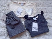 Zestaw ubrań Zara 86 body bluzka spódniczka srebrne beżowe nowe z metkami 