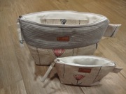 Kosmetyczki, komplet,len z printem kwiatowym i szary sztruks 