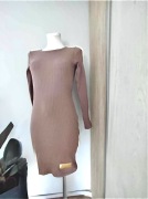 Sukienka damska brązowa prążkowana midi elastyczna długi rękaw uniwersalna