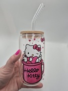 Kubek szklany z bambusowa pokrywką i słomką Hello Kitty Różowy