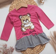 Sukienka różowa z misiem i cekinami w paski z falbanką 92 98 długi rękaw