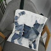 Urocza Torba materiałowa nadruk kociak Dżinsowy Patchwork