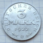 0557 Niemcy Weimar 3 marki 1922 J piękna 