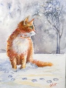 Kotek na śniegu Original Akwarela A5