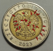 5 zł 2023, destrukt, laminacja i pęknięcie stempla