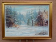 STARY OBRAZ OLEJNY NA PŁÓTNIE ,, ZIMOWY PEJZAŻ "