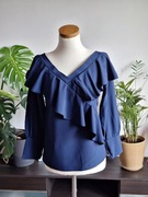 Niebieska granatowa bluzka elegancka S S/M z falbanką vneck