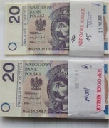 20 złotych ** UNC z paczki bankowej 2016 seria BG*, BR, BS, BT, CA.