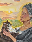 Obraz ręcznie malowany, kobieta z kotem, pejzaż 40x50, Prezent.