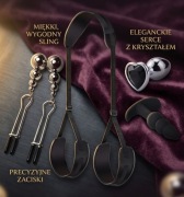 Zestaw BDSM 4 elementy | korki S + zaciski na sutki + uprząż erotyczna