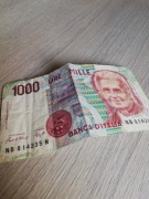 Oryginalny Banknot 1000 lirów rok 1990, Seria NB 814235N