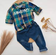 Zestaw komplet dla chłopca spodnie jeansowe koszula w kratkę 92