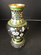 Piękny zabytkowy wazon Cloisonne na drewnianej podstawce