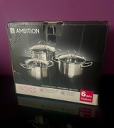 AMBITION Komplet garnków z pokrywkami 2L 2,7L 3L stal indukcja gaz  
