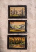 Stary olejny tryptyk pejzaży, ponad 20 lat, 14 x 9 cm w drewnianej ramie