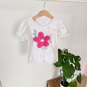 Bluzeczka krótki rękaw bufki kwiatek różowy 110 biała koszulka bluzka