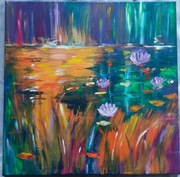 Obraz 50x50, kwiaty na jeziorze