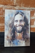 Ikona- Obraz na Desce Uśmiechnięty Jezus Nowoczesny Wizerunek na Drewnie