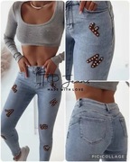Spodnie jeansowe M.Sara push up, haftowane litery z dżetami M
