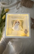 Anioł ramka Led na Komunię prezent na Chrzest świecąca z makramy