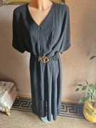 Długa czarna sukienka , pasek z metalową klamrą