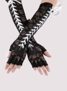 Długie rękawiczki z koronki sznurowane koronkowe mitenki czarno - białe 